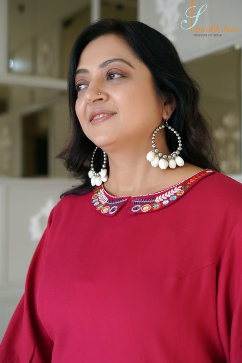 Designer Maroon Pocket Women Coord Set , Front Kurta Detail View